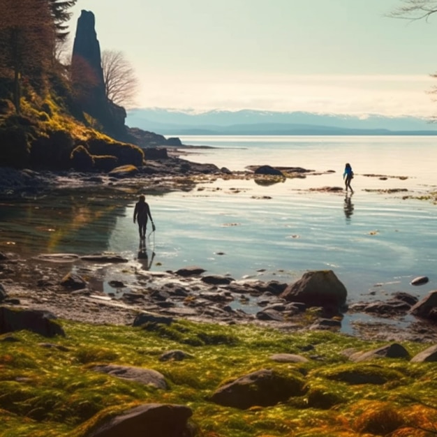 Ci sono due persone che camminano lungo la riva di un lago generativo ai