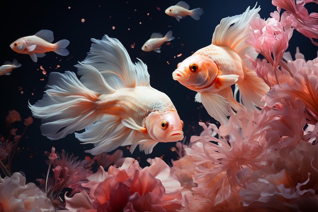 ci sono due pesci che nuotano in un serbatoio con fiori rosa generativo ai