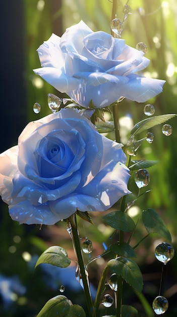 Ci sono due rose blu con gocce d'acqua su di loro generativo ai