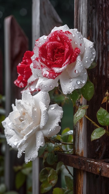 ci sono due rose che sono su una recinzione di legno generativo ai