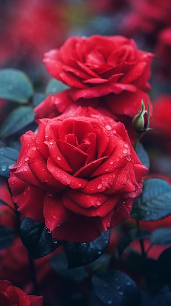 Ci sono due rose rosse con gocce d'acqua su di loro generativo ai