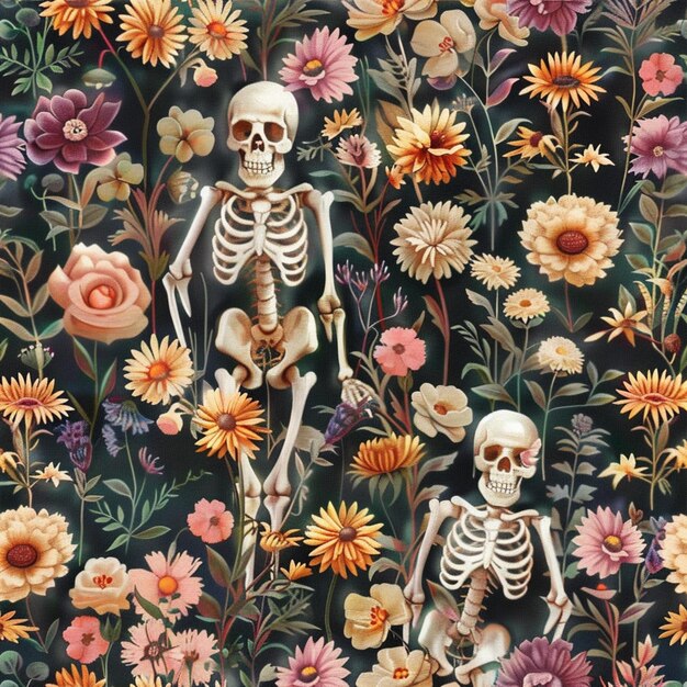 Ci sono due scheletri in piedi in un campo di fiori generativo ai