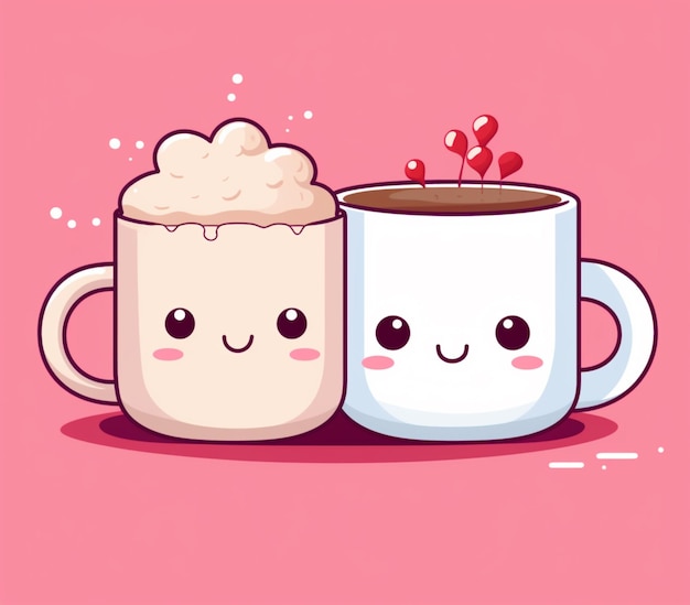 Ci sono due tazze da caffè con facce su uno sfondo rosa generativo ai