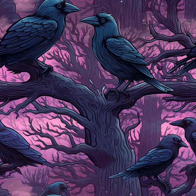 Ci sono due uccelli neri seduti su un ramo di albero generativo ai