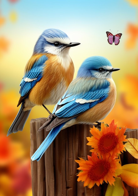 ci sono due uccelli seduti su un palo di legno con una farfalla che vola sopra l'ai generativa