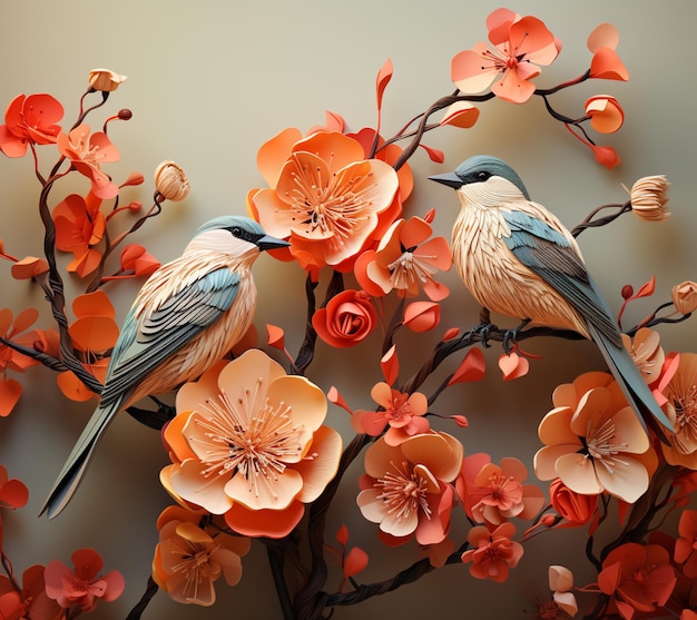 Ci sono due uccelli seduti su un ramo di un albero con fiori generativi ai