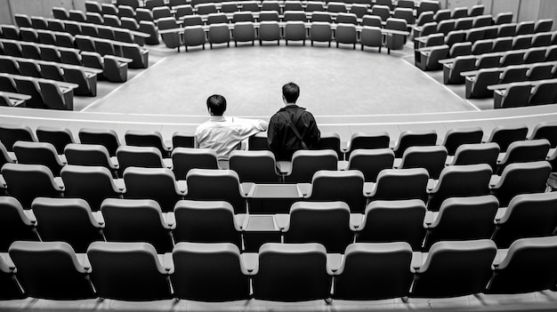 Ci sono due uomini seduti in un grande auditorium che guardano lo schermo generativo ai