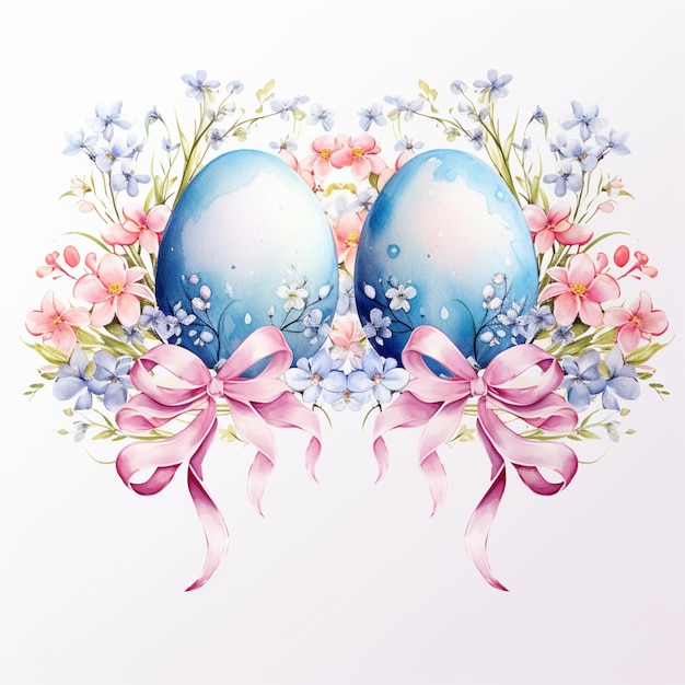 ci sono due uova blu con archi rosa e fiori su uno sfondo bianco generativo ai