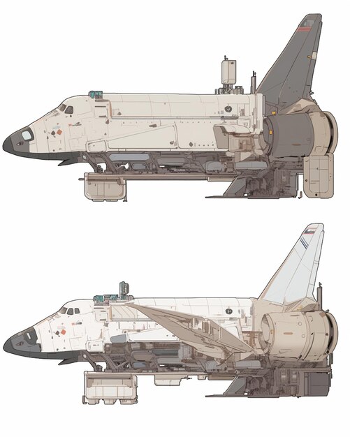 Ci sono due vedute di uno shuttle spaziale su uno sfondo bianco generativo ai