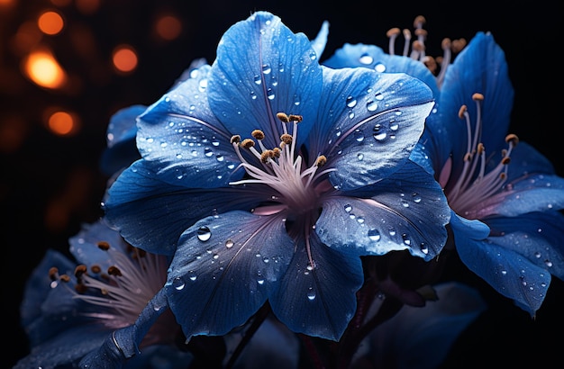 ci sono fiori blu con gocce d'acqua sopra nell'oscurità generativa