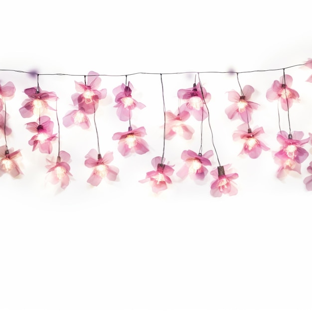 ci sono fiori rosa appesi a una corda su un muro bianco generativo ai