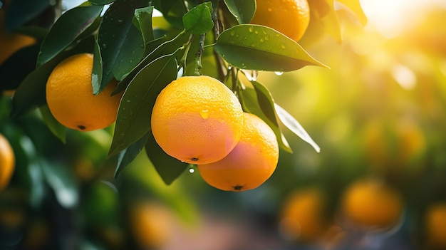 Ci sono goccioline d'acqua su un mazzo di limoni che pendono da un albero AI generativa