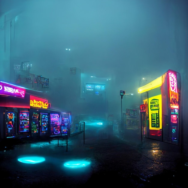 Ci sono luci al neon sul lato della strada nella nebbia generativa ai
