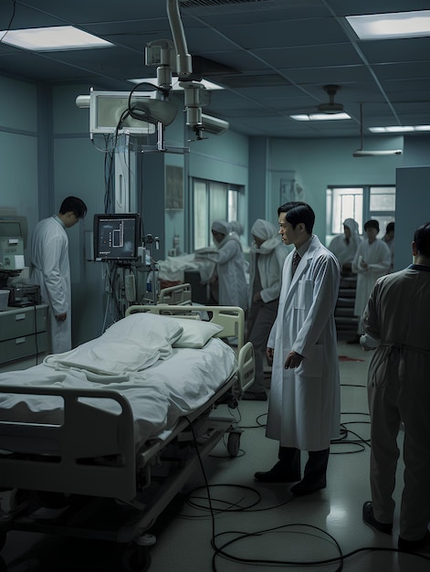 Ci sono medici in piedi attorno a un letto d'ospedale