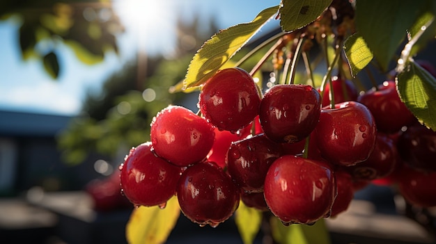 Ci sono molte ciliegie appese a un albero al sole generativo ai