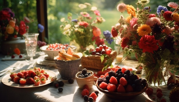 Ci sono molte diverse frutta e fiori sul tavolo generativo ai