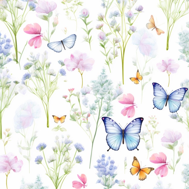 Ci sono molte farfalle e fiori diversi su questo sfondo bianco generativo ai
