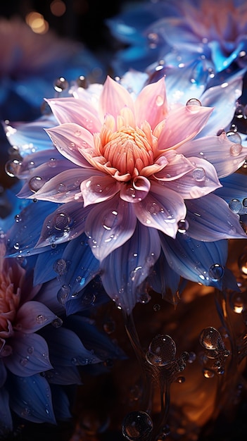 ci sono molte gocce d'acqua sui petali di un fiore generativo ai