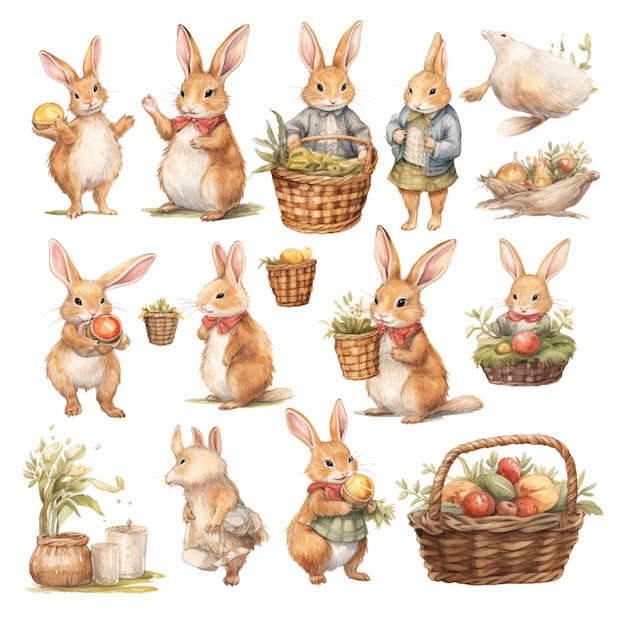 Ci sono molte immagini di conigli con cestini di cibo generativo ai