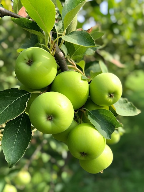 ci sono molte mele verdi appese al ramo di un albero generativo ai