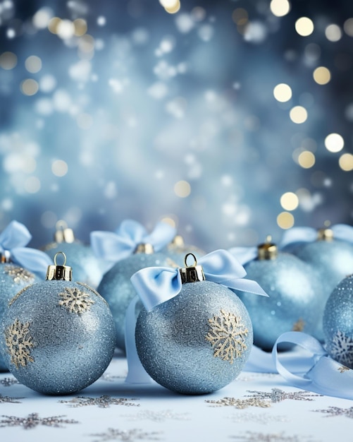 Ci sono molte palle blu di Natale con archi e archi su di loro generativa ai