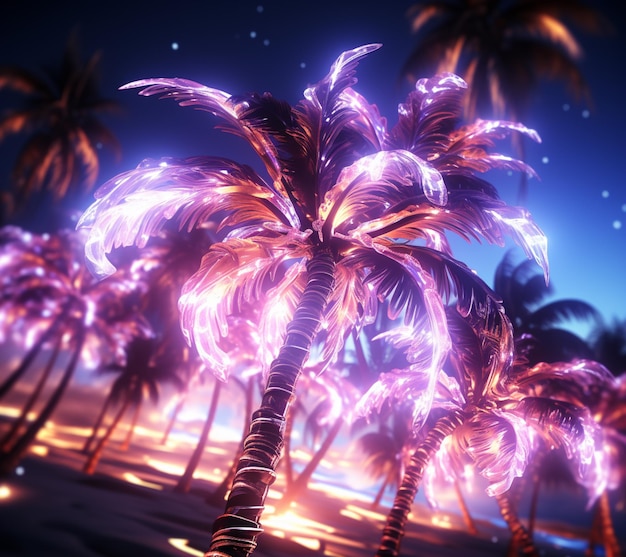 Ci sono molte palme che sono illuminate di notte generativo ai
