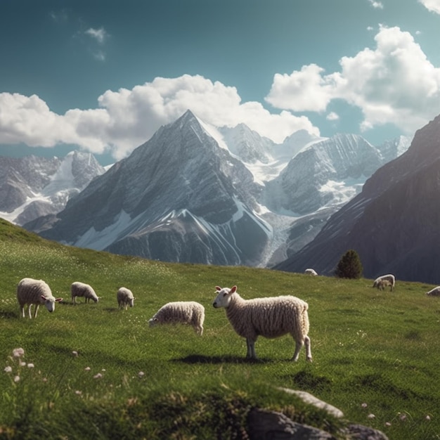 Ci sono molte pecore che pascolano su una collina erbosa con le montagne sullo sfondo.