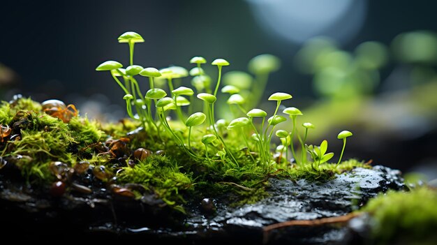 ci sono molte piccole piante verdi che crescono su una roccia muschiosa AI generativa