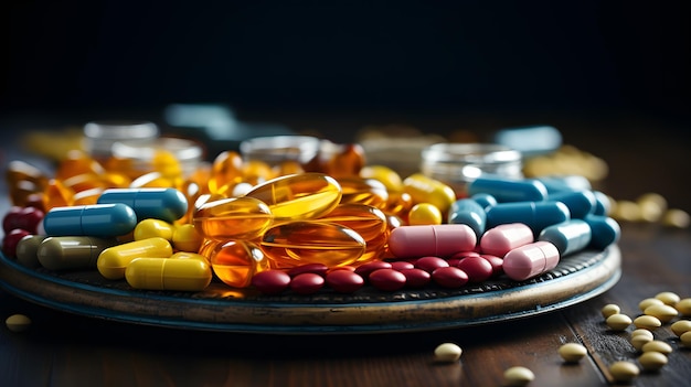 Ci sono molte pillole e capsule di diversi colori su un piatto.