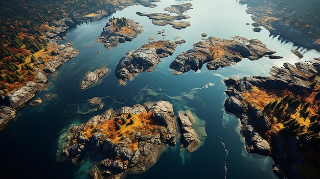 ci sono molte rocce nell'acqua e alcuni alberi generativi ai