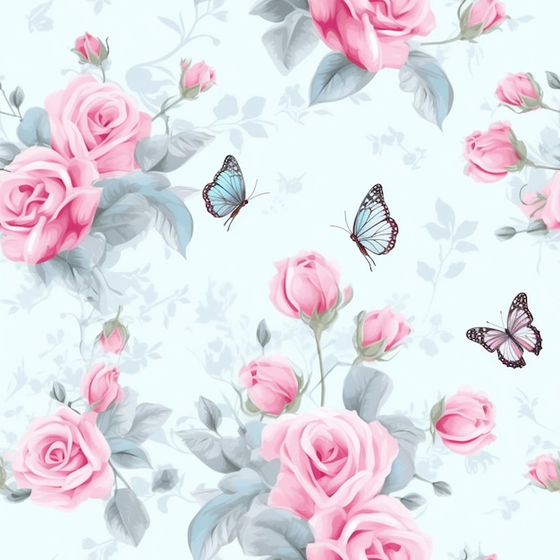 Ci sono molte rose rosa e farfalle su uno sfondo bianco generativo ai