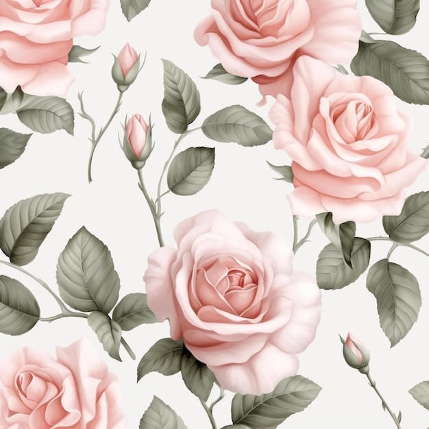 ci sono molte rose rosa su sfondo bianco con foglie verdi ai generative