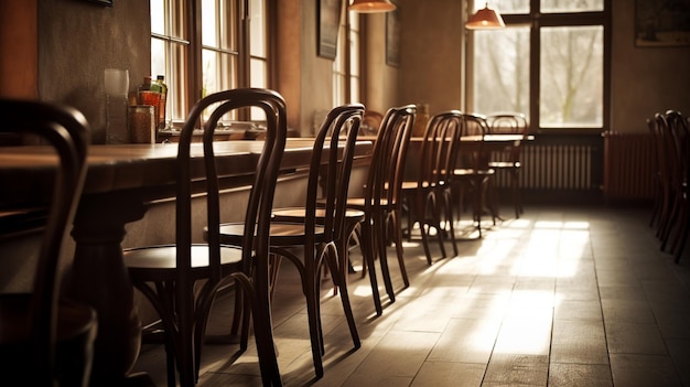 Ci sono molte sedie in fila in un ristorante generativo ai