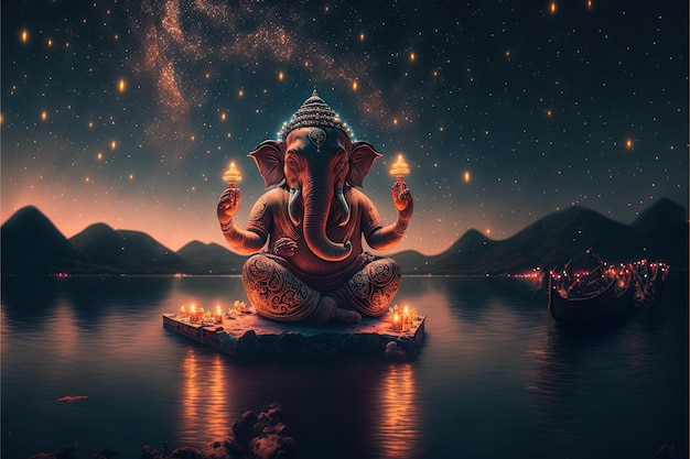 Ci sono molte stelle galattiche nel cielo notturno di un'enorme statua GANESHA massiccia con lanterne rosse che si alzano nel cielo folle che guardano il festival delle lanterne Generative AI Ganesha Festival