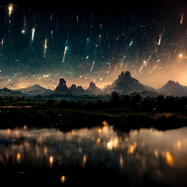 ci sono molte stelle nel cielo sopra un lago e montagne che generano ai