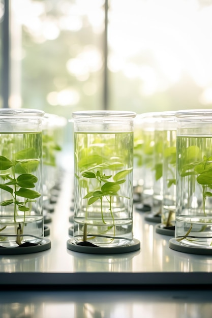 ci sono molte tazze di vetro con piante dentro su un tavolo ai generativo