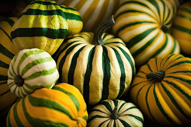 Ci sono molte zucche a strisce gialle e verdi per il Carnevale