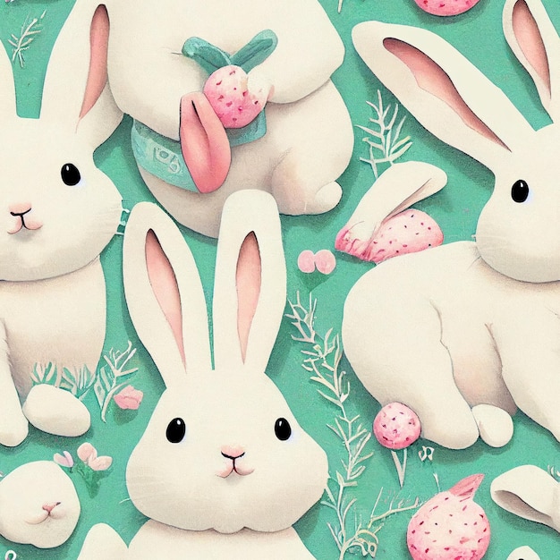 ci sono molti conigli bianchi con uova rosa e verdi su uno sfondo verde generativo ai