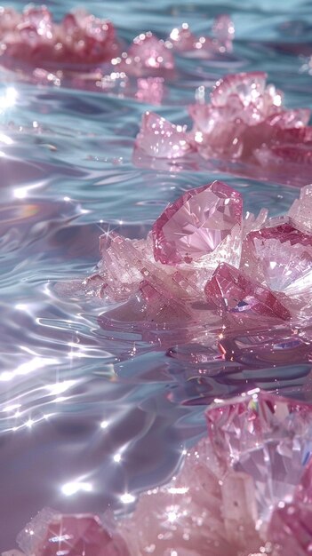 Ci sono molti cristalli rosa che galleggiano nell'acqua generativa ai