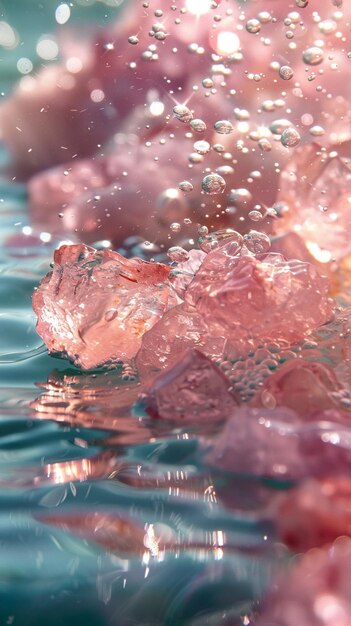 Ci sono molti cristalli rosa che galleggiano nell'acqua generativa ai