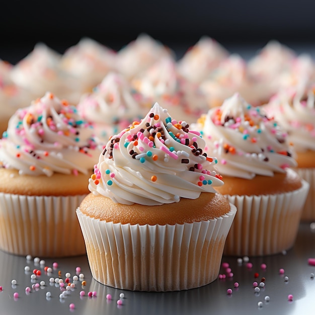 ci sono molti cupcakes con glassa bianca e confettini su un tavolo ai creativo