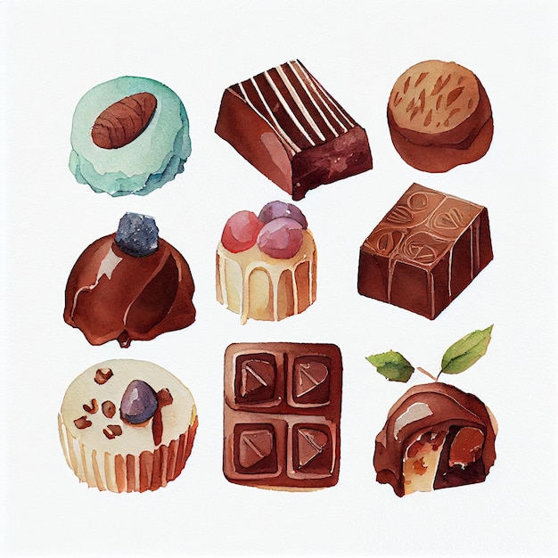 Ci sono molti diversi tipi di cioccolatini e pasticcini in questa immagine generativa ai