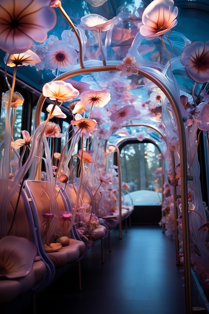 Ci sono molti fiori all'interno di un autobus generativo ai