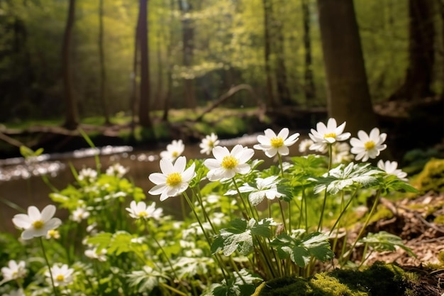 Ci sono molti fiori bianchi che crescono nel bosco vicino all'acqua generativa ai