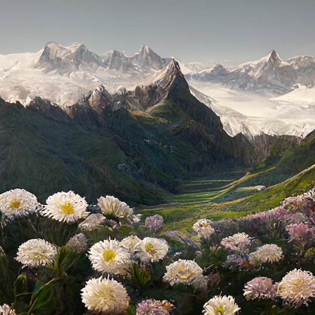 ci sono molti fiori bianchi in primo piano di una valle di montagna generativa ai