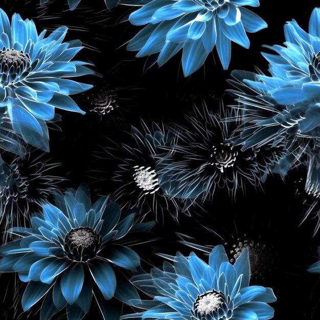 ci sono molti fiori blu che sono su uno sfondo nero generativo ai