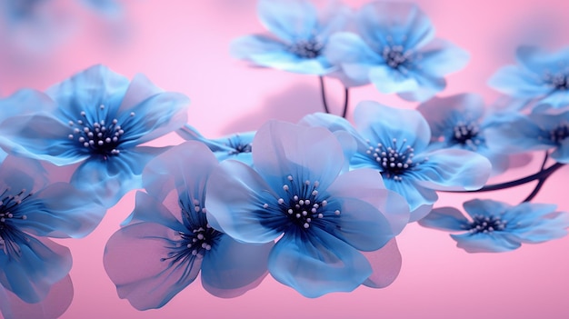 ci sono molti fiori blu su uno sfondo rosa