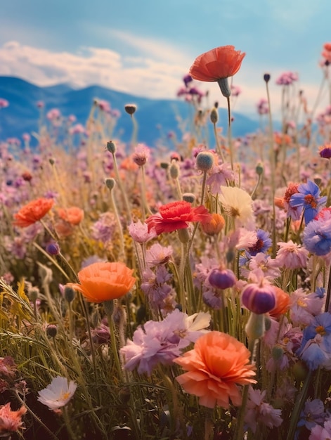 Ci sono molti fiori colorati diversi in un campo con montagne sullo sfondo ai generativo