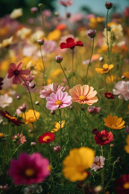 Ci sono molti fiori colorati diversi in un campo generativo ai