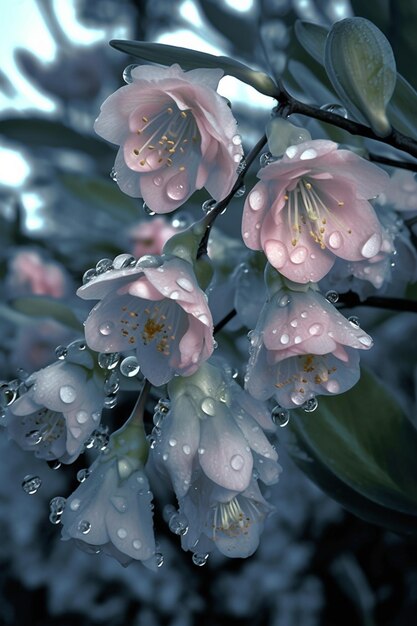 ci sono molti fiori rosa con gocce d'acqua su di essi ai generativi